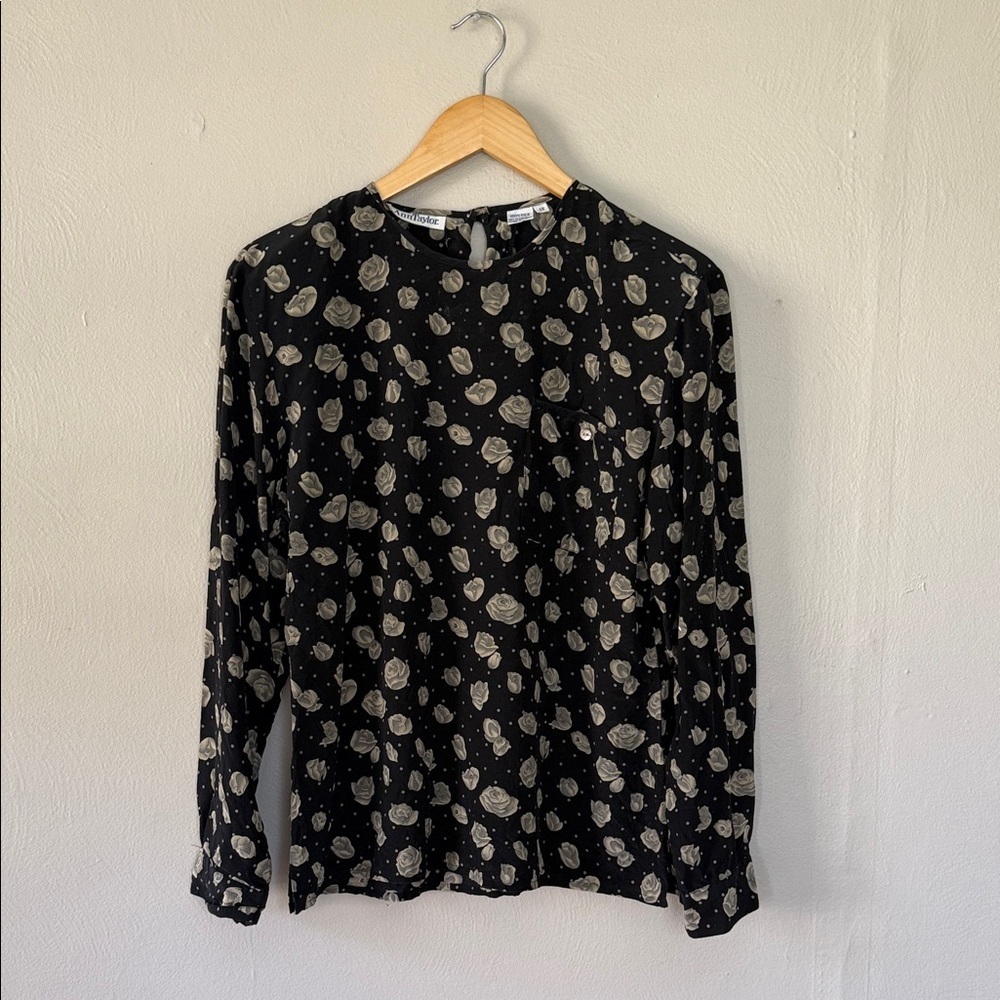 Vintage Ann Taylor silk printed Black Patterned Women's Top large- 12